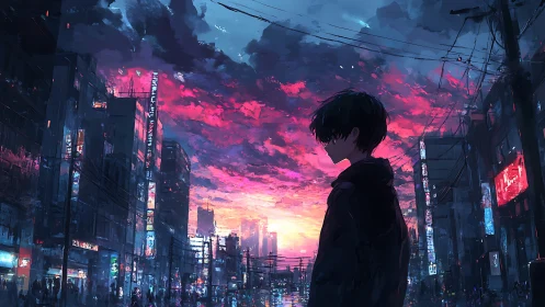 City sunset wraps a quiet anime boy in neon evening light