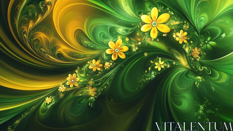Yellow fractal flowers swirling through vivid green waves.