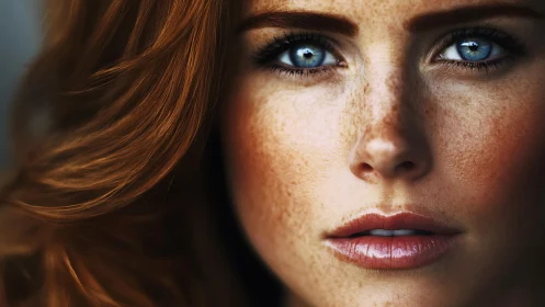 Close-up portrait of freckled woman with intense blue eyes.