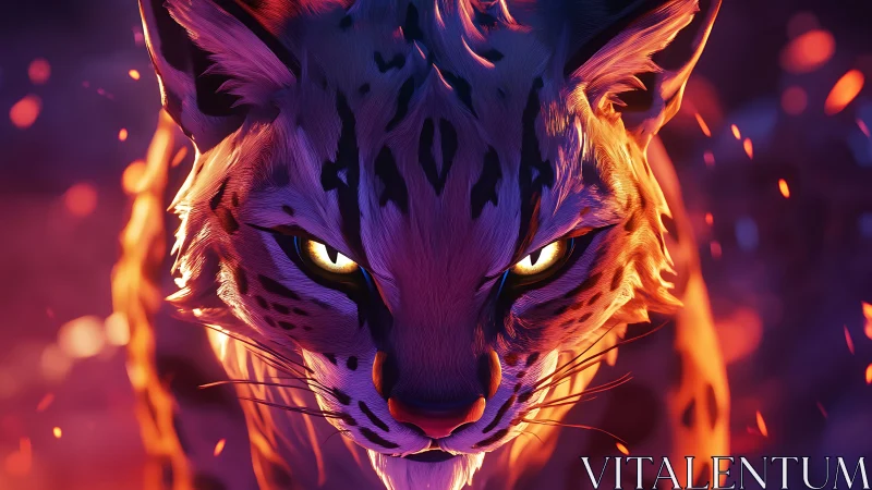Ember-eyed wildcat stalking through neon twilight embers.
