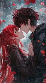 Rain-soaked anime lovers sharing a tender kiss moment.