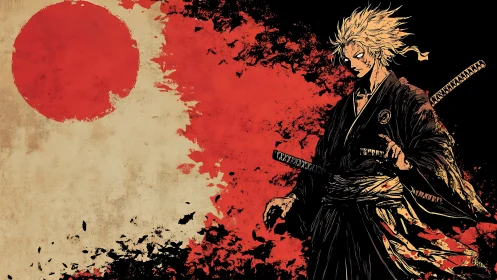 Battle-worn samurai warrior before abstract rising sun field