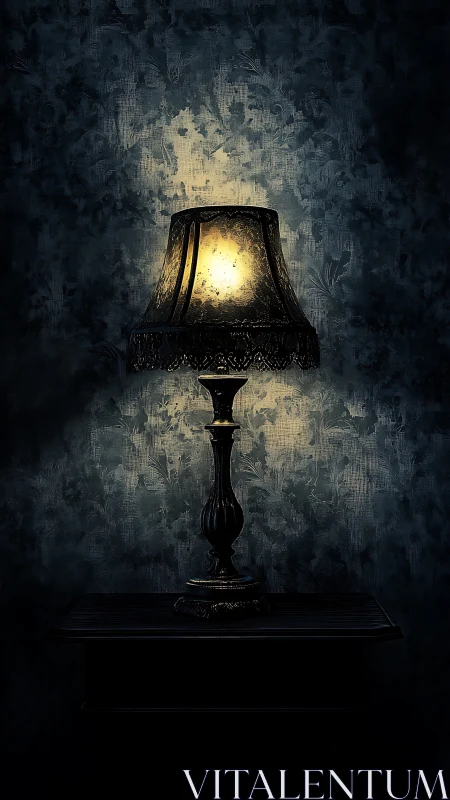Vintage table lamp casting warm light on textured wall.