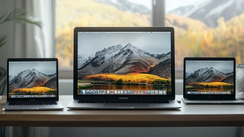 Triple-laptop workspace shows synchronized Retina displays and sizing