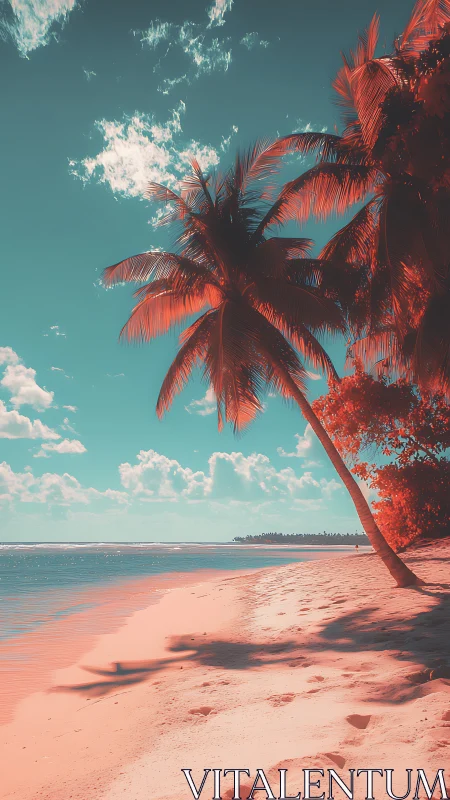 Crimson Palm Against Turquoise Shore and Sky.