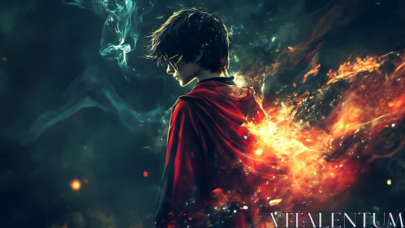 Young mage commands erupting fire cloak in smoky void.