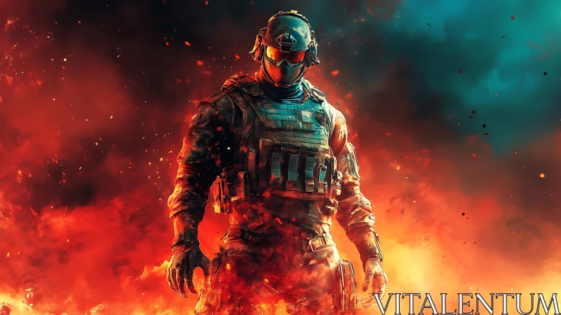 Armored futuristic soldier stands within erupting battlefield flames