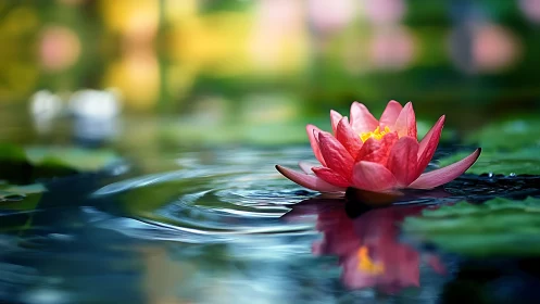 Pink water lily on calm pond surface with soft bokeh.