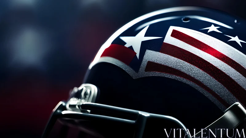 Photorealistic close-up of patriotic American football helmet.