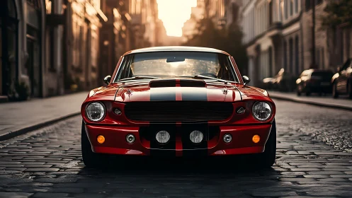 Crimson street shark idles in golden hour cobblestone canyon.