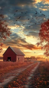 Barnside dusk reverie beneath a swirling autumn sky.