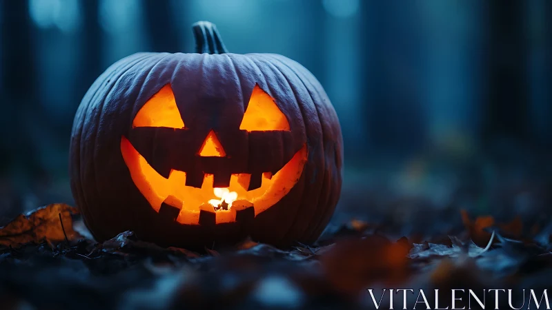 Glowing jack o lantern smiles warmly in a misty autumn forest