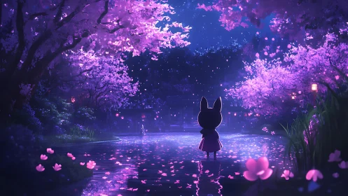 Anthropomorphic figure under bioluminescent cherry blossoms at night