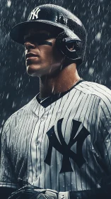 Focused baseball player standing tall in the pouring rain.