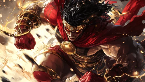 Mythic warrior in crimson charge through flying sparks.