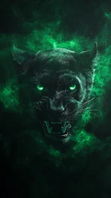 Emerald energy panther erupts from swirling cosmic haze.