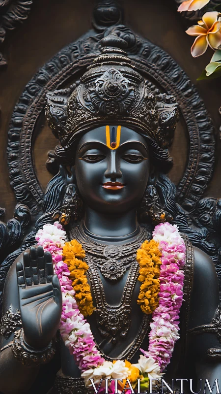 Serene black stone deity wrapped in bright flower garlands.