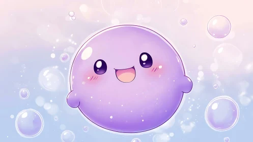 Cute purple bubble character with smiling cartoon face.