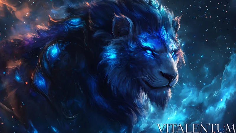 Starlit sapphire lion drifts through a storm of cosmic embers