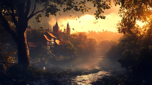 Golden river path winding toward a storybook village at dusk.