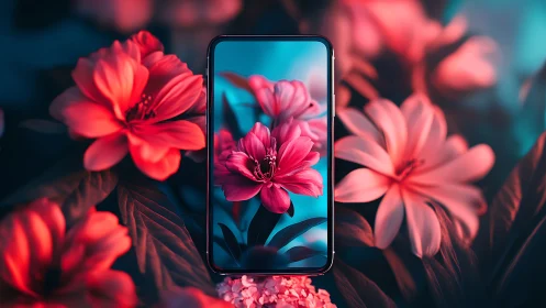 Smartphone Displaying Pink Dahlias Against Bokeh Floral Background