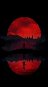 Twin silhouettes under a bloodred moon and mirrored abyss.