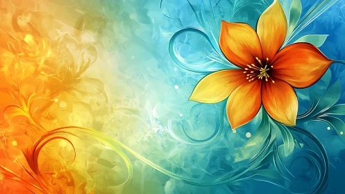 Gradient background with stylized floral element in contrasting hues.