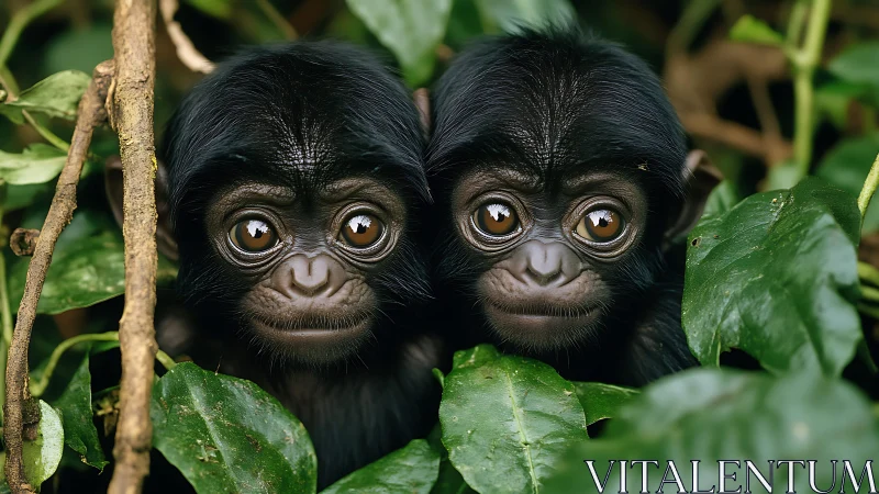 Twin infant primates with glossy eyes in dense green foliage