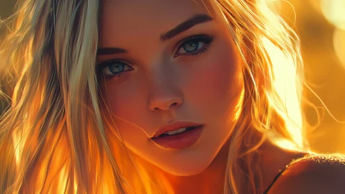 Digital portrait of blonde woman in warm sunset light.