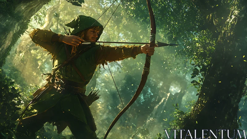 Forest archer poised to release arrow in radiant dawn light.