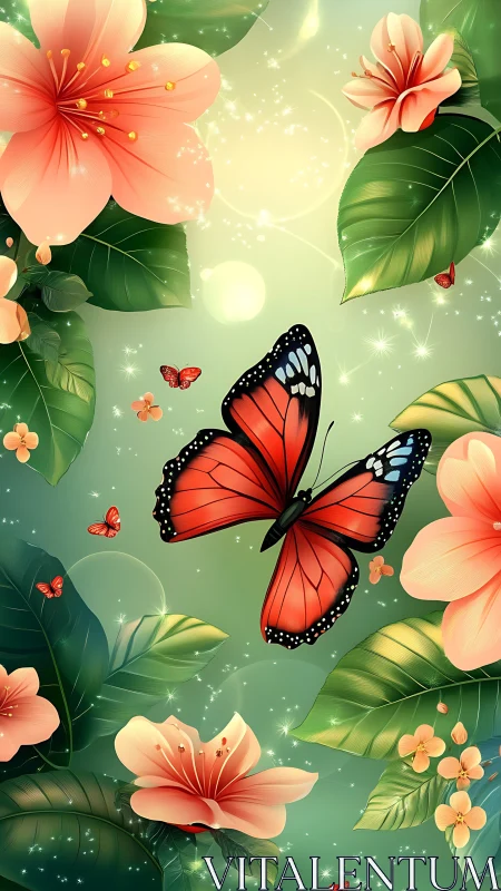 Gentle red butterfly drifting through glowing garden blooms.