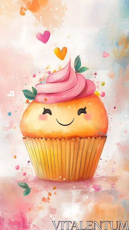 Whimsical Happy Cupcake with Pink Frosting and Floating Hearts