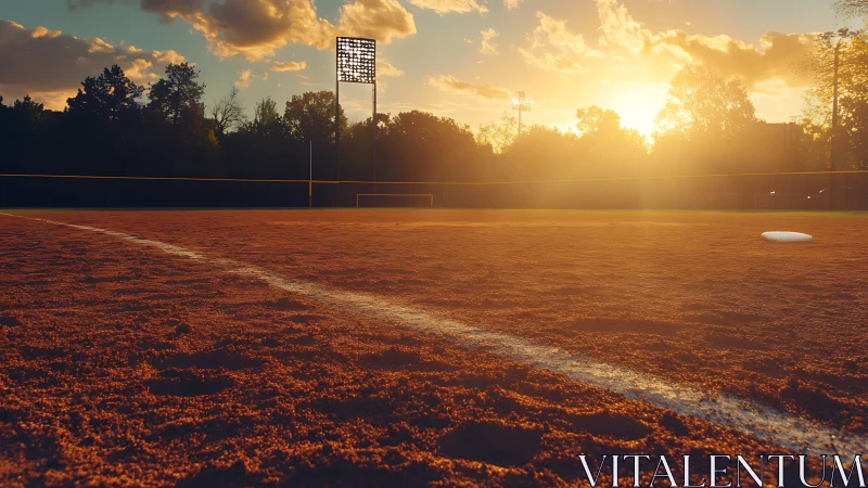 Golden sunset settles gently over a quiet baseball field
