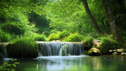 Serene forest waterfall with lush greenery in a tranquil landscape.