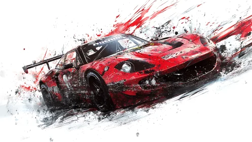 Scarlet race car shreds paint and asphalt in wild motion storm.