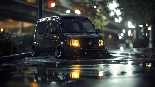 Low Volkswagen microvan parked on wet city street at night
