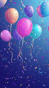 Rendered balloons with confetti particles suspended in gradient blue background