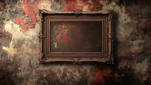 Ornate empty frame on distressed textured wall under moody lighting