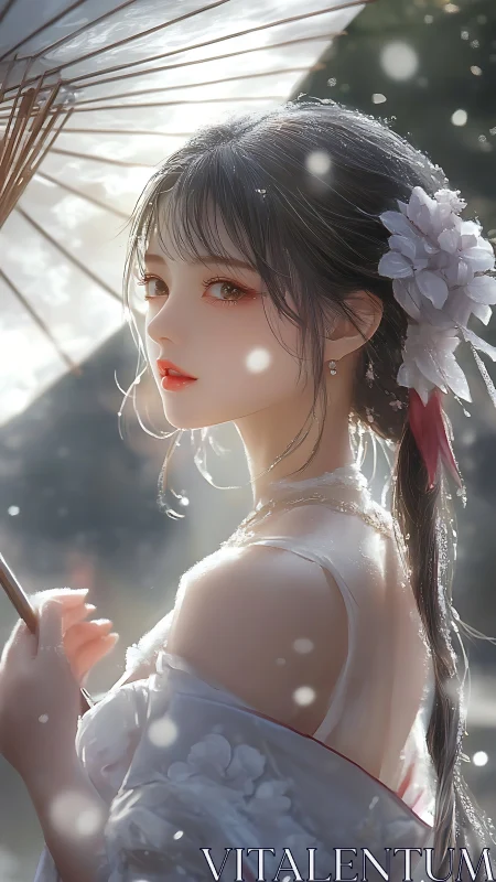 Elegant anime woman holding parasol in soft snowfall.