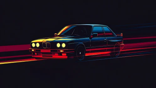 Retro sports coupe glows with neon velocity lines.