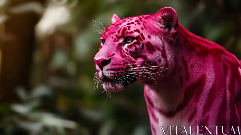 Pink leopard with spotted coat pattern in profile view.