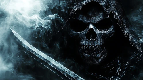 Hooded skeletal figure with sword in dark smoky environment.
