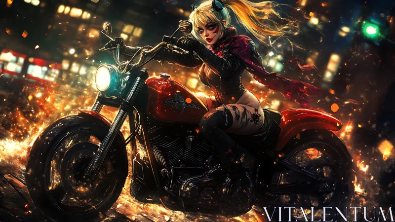 Female rider on red motorcycle in fiery night city scene.