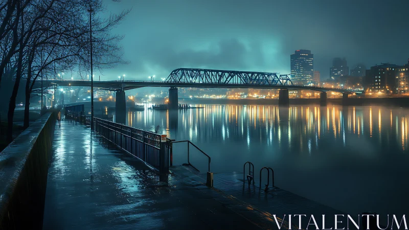 Urban river bridge and wet riverside walkway at night