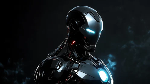 Armored futuristic robot stands in moody neon-lit darkness