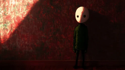 Quiet masked figure basks in a dramatic slice of red light