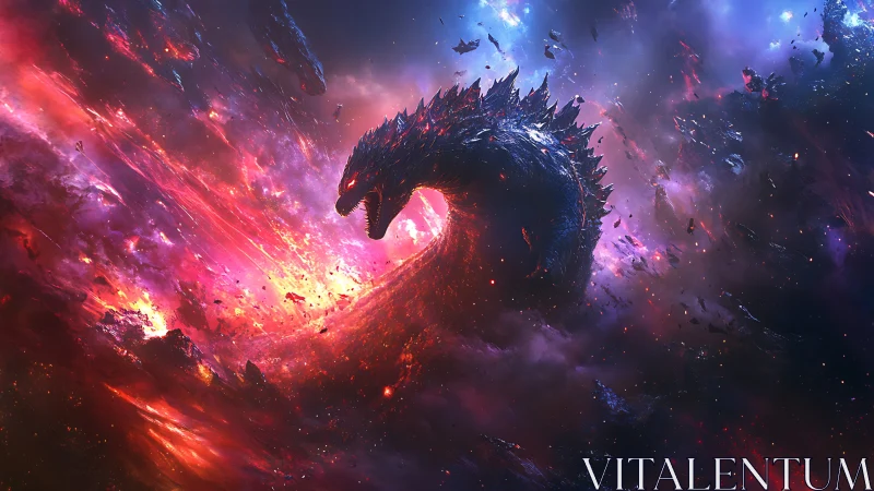 Cosmic dragon rises through swirling violet starlight.