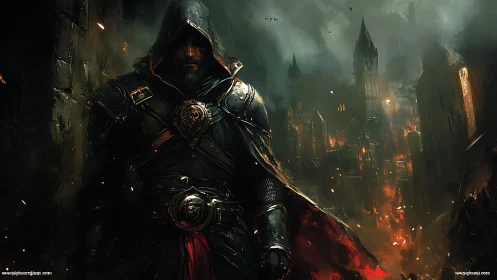 Hooded armored warrior stands before burning dark city.