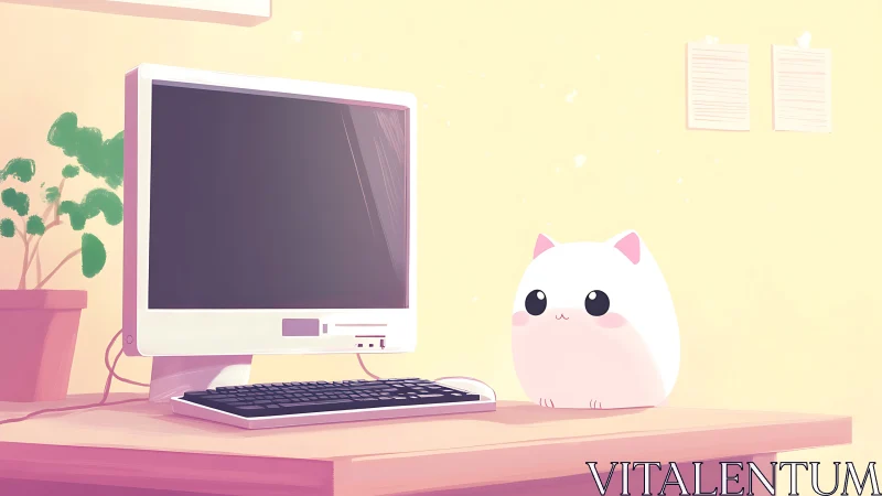 Desk workspace with computer monitor and stylized white cat.