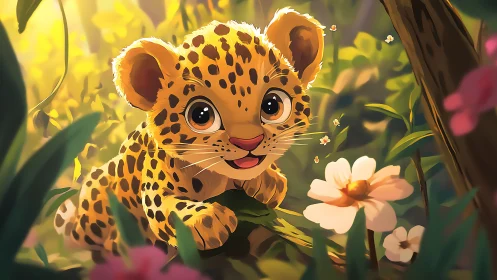 Digital painting of playful leopard cub in luminous jungle setting.